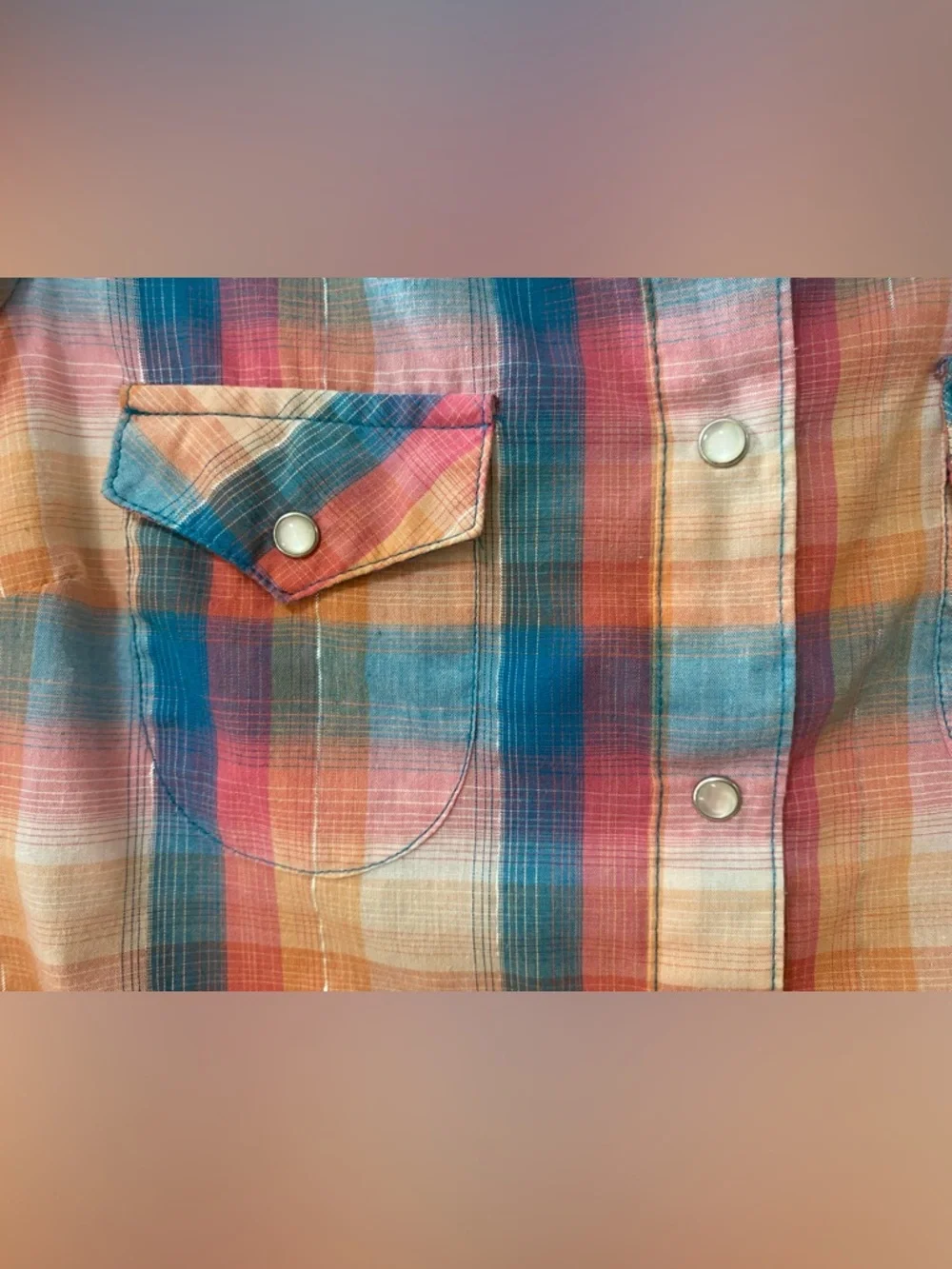 Vintage Wrangler pearl snap button shirt womens size medium plaid metallic tank - Picture 4 of 7